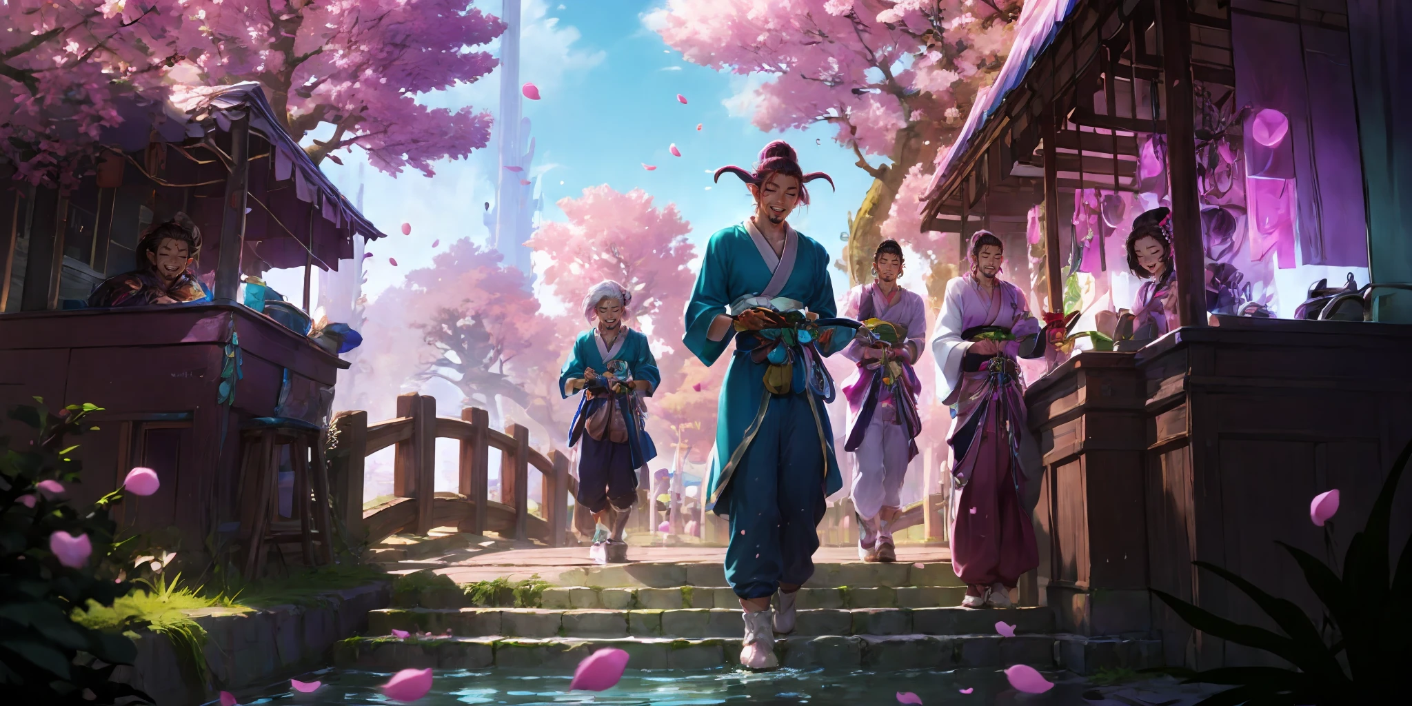 HEZI, LOL, \\\(lol style\\\), game cg, outdoors, multiple boys, multiple girls, tree, smile, white hair, mask, petals, long hair, yordle, black hair, standing, sitting, cherry blossoms, scenery, short hair, water, bare shoulders, waterfall, looking at another, holding, bangs, facial hair, building, leaf, open mouth, weapon, 4boys, hair ornament, alternate costume, brown hair, stairs, beard, teeth, gloves, jewelry, day, pants, japanese clothes, 3boys, closed eyes, ponytail, table, hat, 5boys, glowing, scar, necklace, pointy ears, bridge, breasts, long sleeves, pink hair, hair bun, grin, architecture, official alternate costume<lora:LOLè¾æ¬§å°¼äº(8bit)2-000008:0.7>,