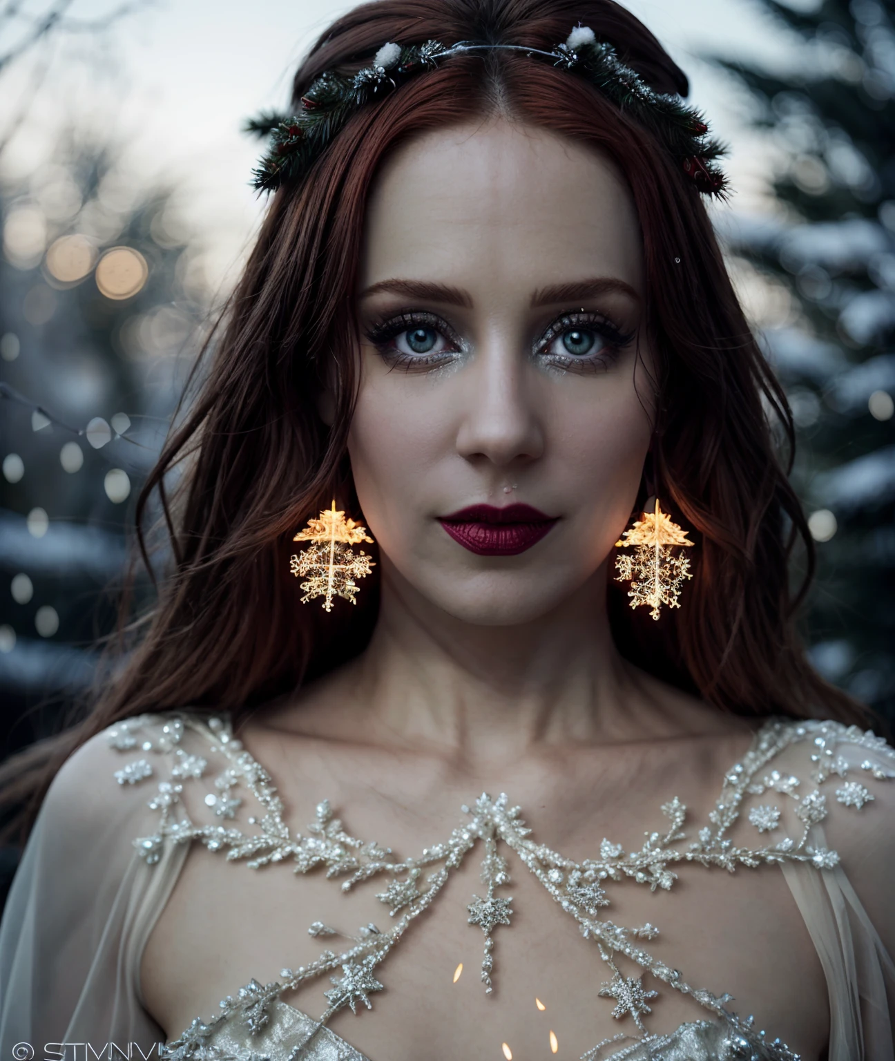 cinematic photo <lora:quiron_SimoneSimons_v3_Lora:0.87> quiron_SimoneSimons woman,  snow, snowing, snowflake,
realistic,  masterpiece, ultra detailed background, delicate pattern, intricate detail, highly detailed, fine details, best quality,  (double exposure:1.2), magnificent,  epic, majestic, magical,   dreamy, christmas tree, red lights, fireflies,     . 35mm photograph, film, bokeh, professional, 4k, highly detailed
