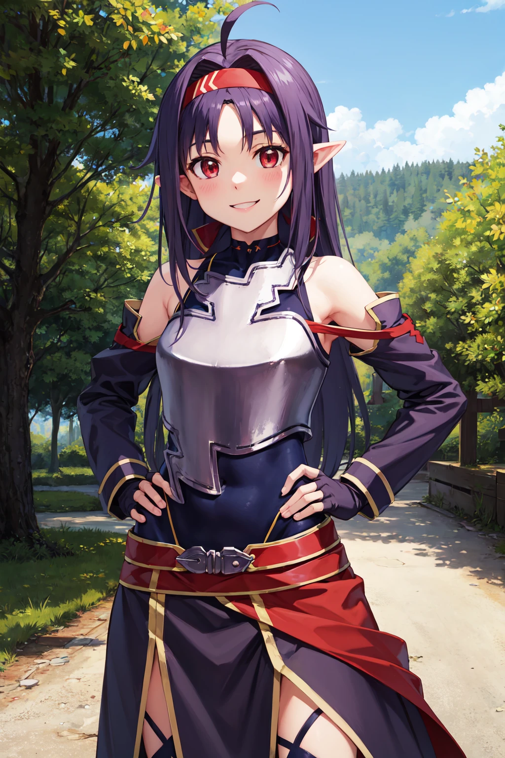 masterpiece,best quality,highres,ultra-detailed,yuuki \(sao\),pointy ears,long hair,ahoge,red hairband,leotard,breastplate,armor,purple sleeves,detached sleeves,purple gloves,fingerless gloves,belt,long skirt,(purple skirt:1.2),boots,<lora:yuuki _(sao):0.8>,outdoors,standing,smile,cowboy shot,hands_on_hips,