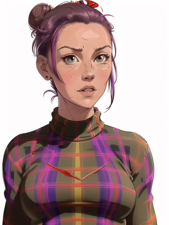 medium shot of a woman wearing a mcdofgg plaid sweaterdress, detailed face, hair in a bun <lora:mcdofgg_v1:0.8> <lora:warrentufts:1> warrentufts