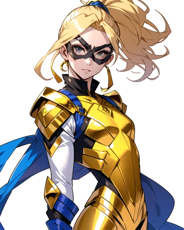 woman, blonde, ponytail, blue and white and gold costume armor, (blue and gold DominoMask:1.2), brown eyes, small breasts, detailed eyes, white backdrop, <lora:SN DominoMask:1>