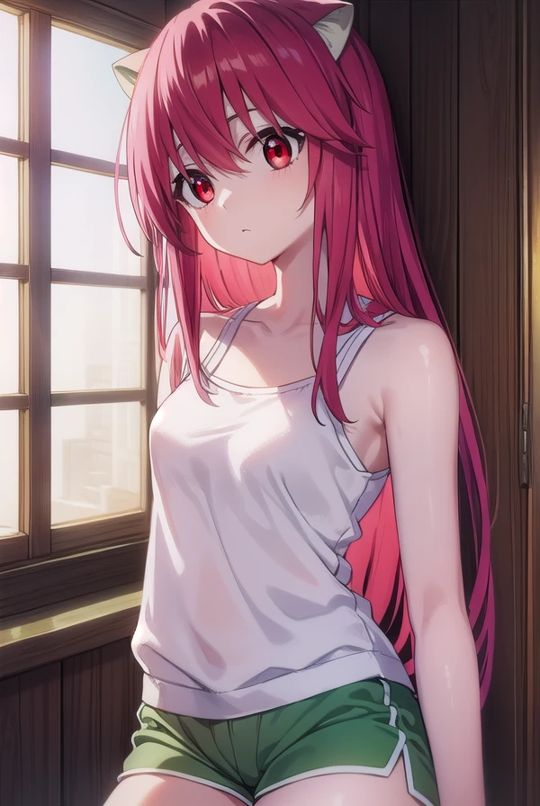 elfenliednyuu, <lora:elfen lied nyuu-lora-nochekaiser:1>,
nyuu, long hair, (red eyes:1.3), pink hair, horns, (small breasts:1.2),
BREAK shorts, tank top, (green shorts:1.5), white tank top,
BREAK indoors,
BREAK looking at viewer, (cowboy shot:1.5),
BREAK <lyco:GoodHands-beta2:1>, (masterpiece:1.2), best quality, high resolution, unity 8k wallpaper, (illustration:0.8), (beautiful detailed eyes:1.6), extremely detailed face, perfect lighting, extremely detailed CG, (perfect hands, perfect anatomy),