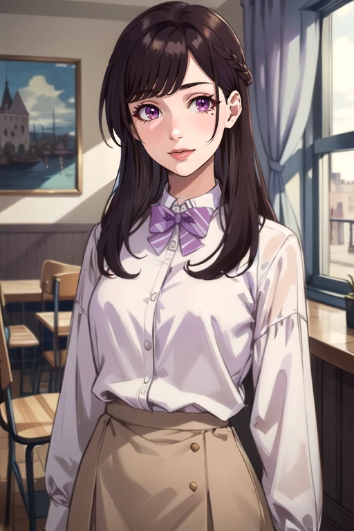 (best quality:1.1), (masterpiece:1.4), illustration, 1girl, solo, looking at viewer, , , ligne claire, , <lora:maria_kurose:0.82>, maria_kurose, brown hair, purple eyes, long hair, , white shirt, bow, , , bowtie, designer wear, , The Isle of Doom,