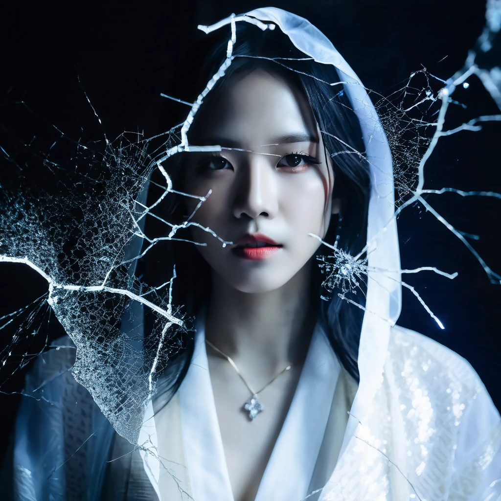 (yujimin:1.2), photo of a woman through a broken glass, dramatic lightning, rtx, intricate, dark background, white robe, <lora:yujimin_v10:0.7>, <lora:add-detail-xl:4>