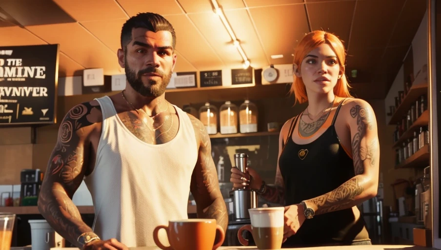 Imagine a hipster barista with tattoos and a trendy haircut, serving artisanal coffee in a popular café in Mirror Park, with a cool, laid-back vibe., official art, masterpiece, best quality, unity 8k wallpaper, ((photorealistic0.8)), ultra detailed, extremely detailed, elegant, aesthetic,(((orange sunshine))), style of gta689 <lora:Loragta689:0.7>