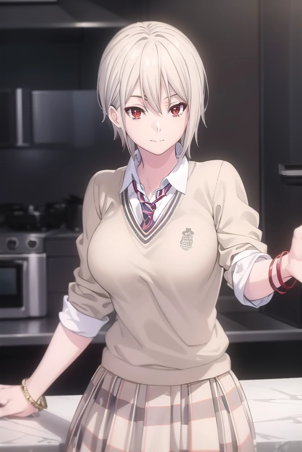 alicenakiri, <lora:alice nakiri s1-lora-nochekaiser:1>,
alice nakiri, short hair, (red eyes:1.3), white hair, hair between eyes, smile,
BREAK skirt, shirt, jewelry, school uniform, pleated skirt, necktie, striped, bracelet, sweater, plaid, plaid skirt, striped necktie, white shirt, collared shirt, (light brown sweater:1.2),
BREAK indoors, kitchen,
BREAK looking at viewer, (cowboy shot:1.5),
BREAK <lyco:GoodHands-beta2:1>, (masterpiece:1.2), best quality, high resolution, unity 8k wallpaper, (illustration:0.8), (beautiful detailed eyes:1.6), extremely detailed face, perfect lighting, extremely detailed CG, (perfect hands, perfect anatomy),