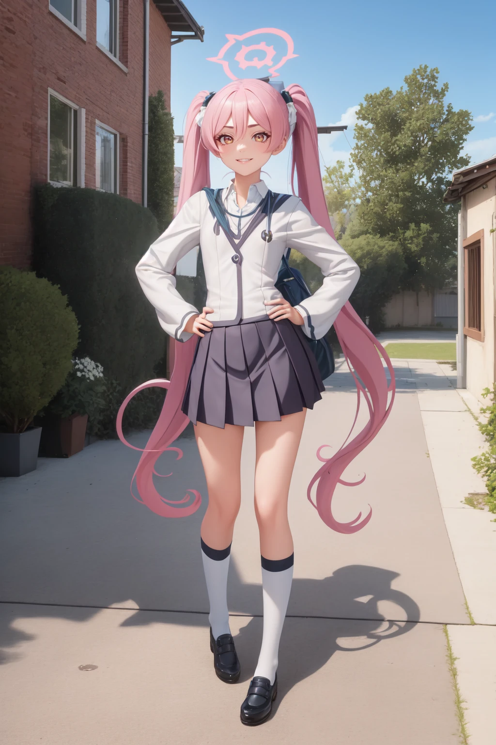 (masterpiece:1.3), (absurdres:1.3), (best quality:1.3), (ultra-detailed:1.3), 1girl, looking at viewer, smile, outdoors, full body, hand on hip, <lora:koyukiid-000011:1>, koyukiid, twintails, very long hair. halo, tokiwadai school uniform, <lora:tokiwadai_school_uniform:1>,