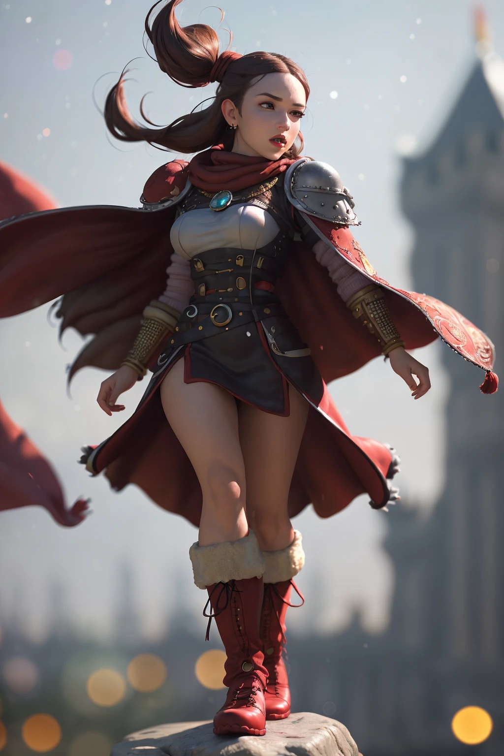 (Style-Dof:1.6) zrpgstyle, dungeons and dragons scene, medieval barbarian woman with cape running into battle, leather and fur boots warriors and red banners, great stone castle (masterpiece) (best quality) (detailed) (intricate)