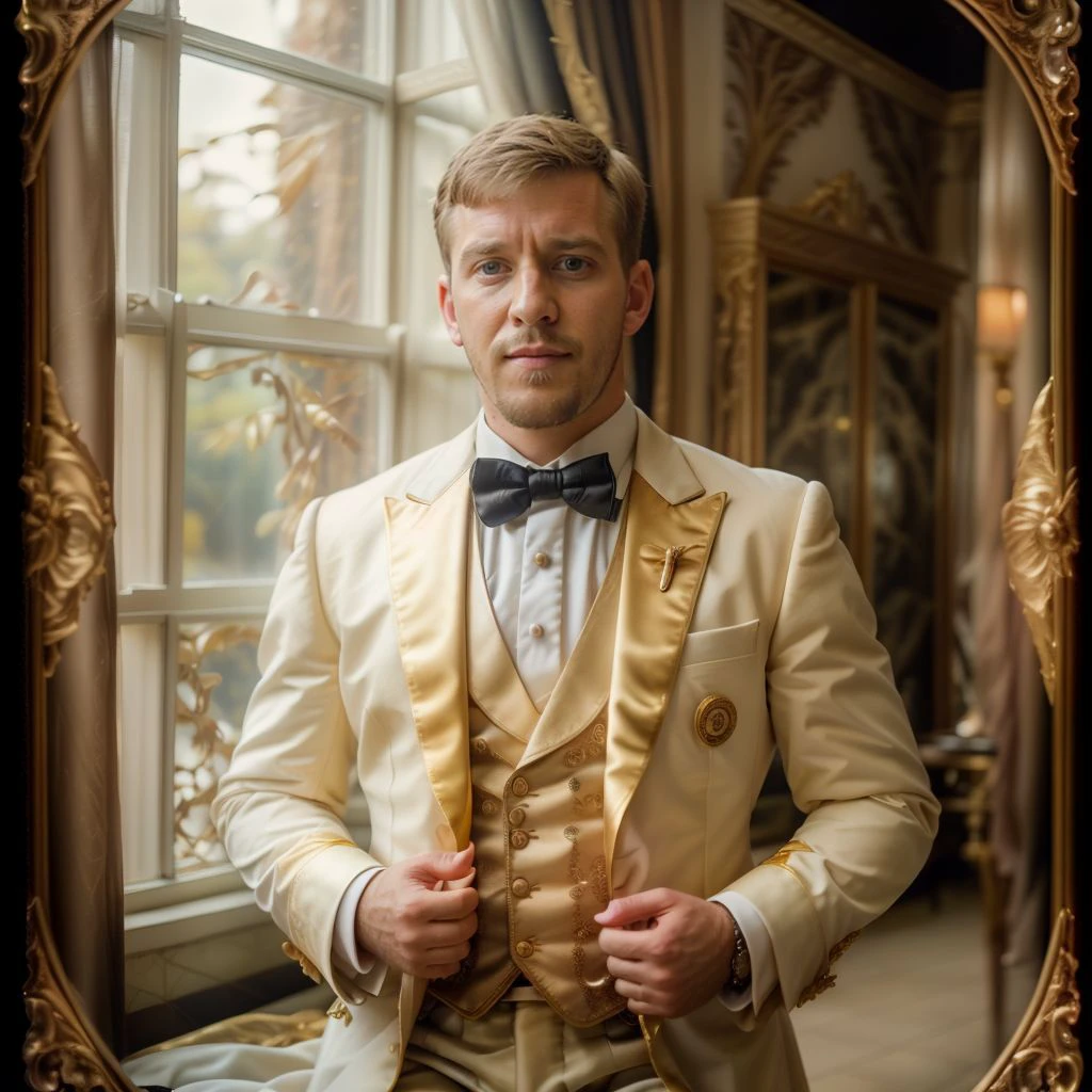 professional photography, portrait of bradleyj person, still film, high resolution, 4k, photo by Sacha Goldberger, <lora:bradleyj_46350:1> <lora:IvoryGoldAI:1>