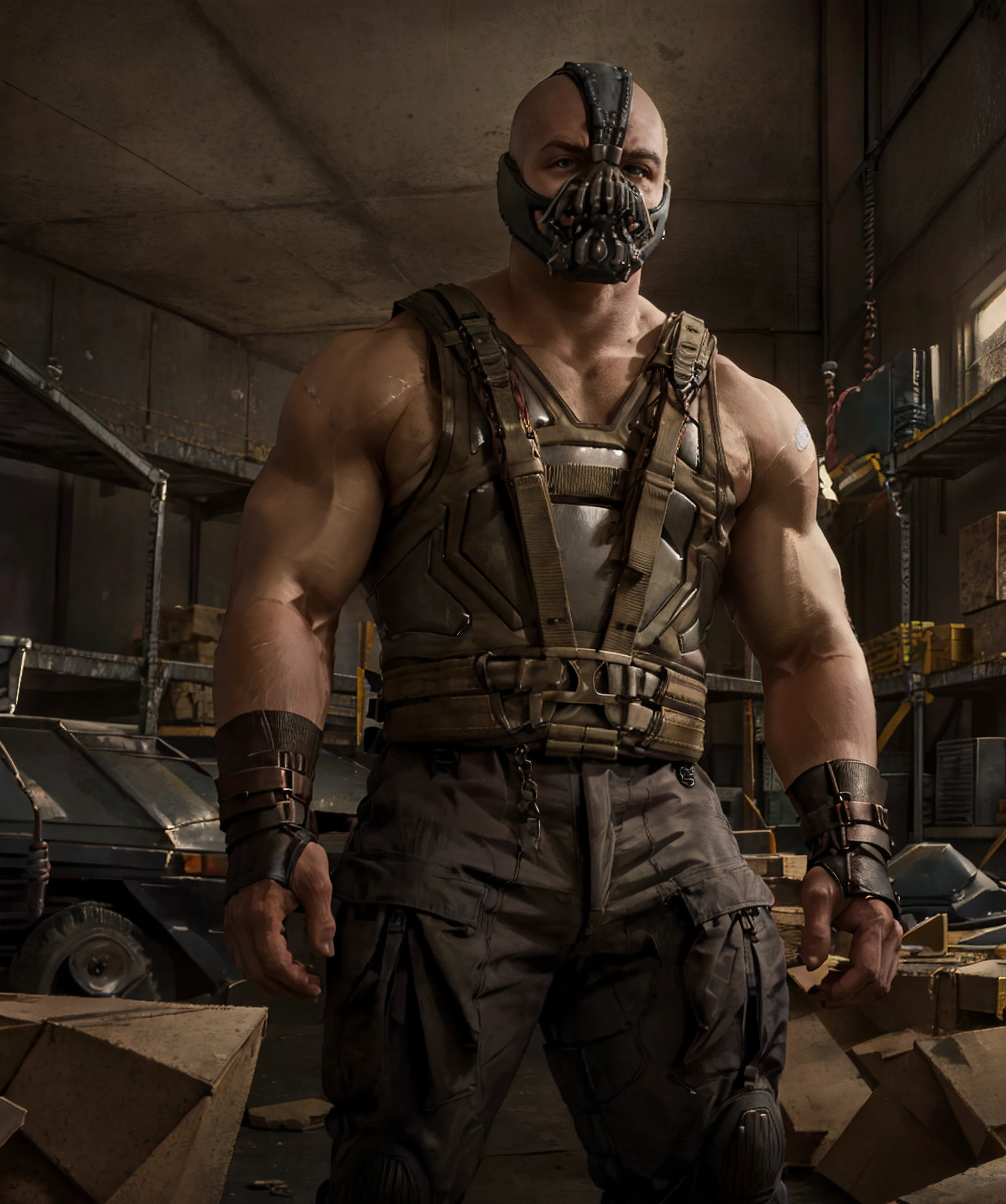 best quality, masterpiece, bane, warehouse, looking to viewer <lora:Bane:0.8>