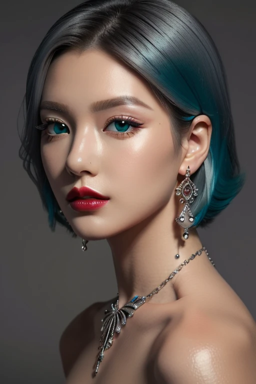 (masterpiece:1.21),(bestquality:1.21),8k,high detailed,ultra-detailed,depth of field,wide angle,1girl,beautiful face,Graceful Hands,Real Skin Texture,solo,looking at viewer,clean background trending,(portrait photo of a gray backdrop),black eyes,beautiful detailed eyes,random_color_lipstick,eyeliner,eyelashes,random_color_nail_polish,earrings,necklace,
Teal Hair,hair wings,Happy Birthday,High key lighting,shadow