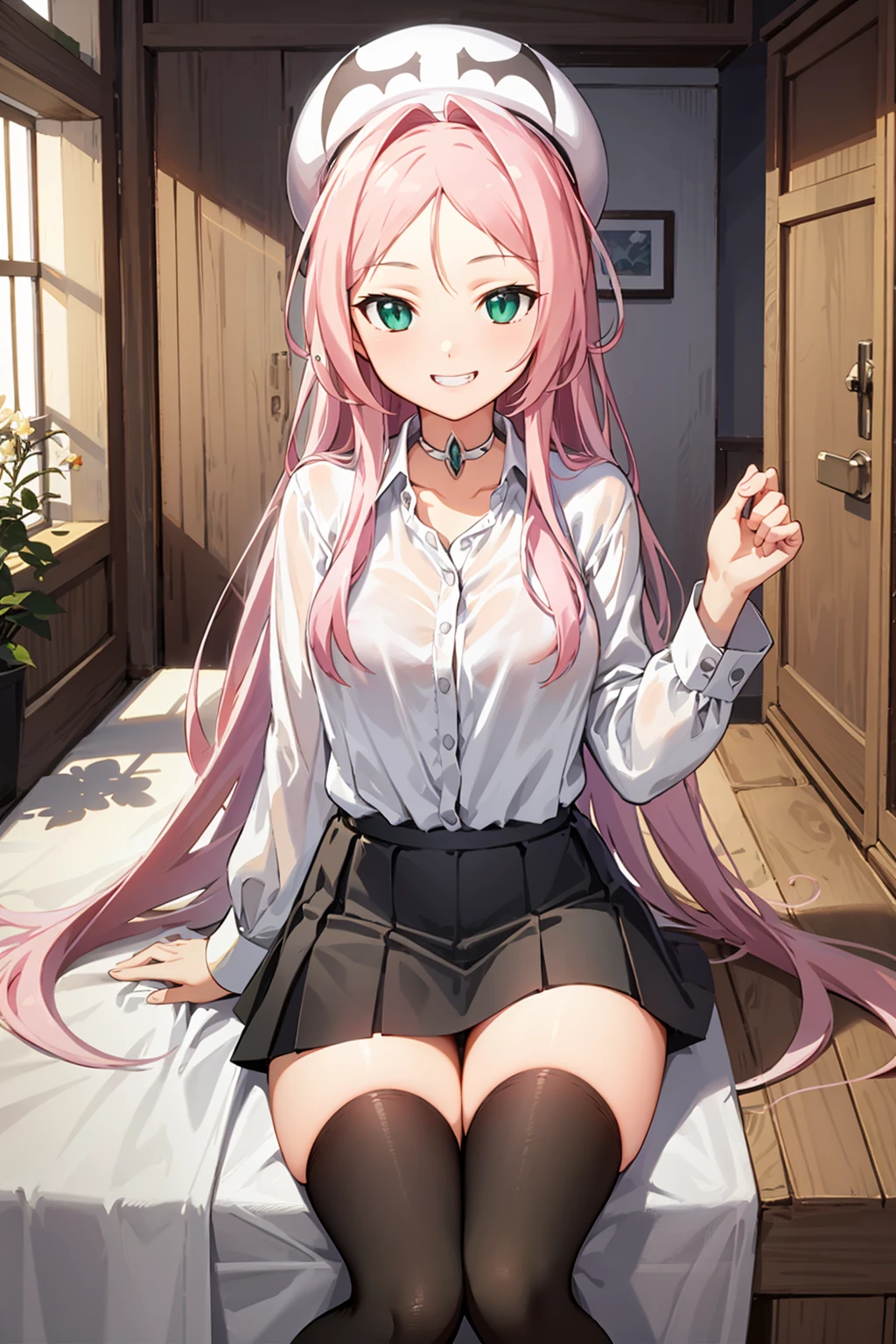 drakoi, indoor, 1girl, thighhighs, long hair, pink hair, green eyes, white shirt, smile, hat, skirt, black thighhighs, very long hair <lora:drakoi:1>