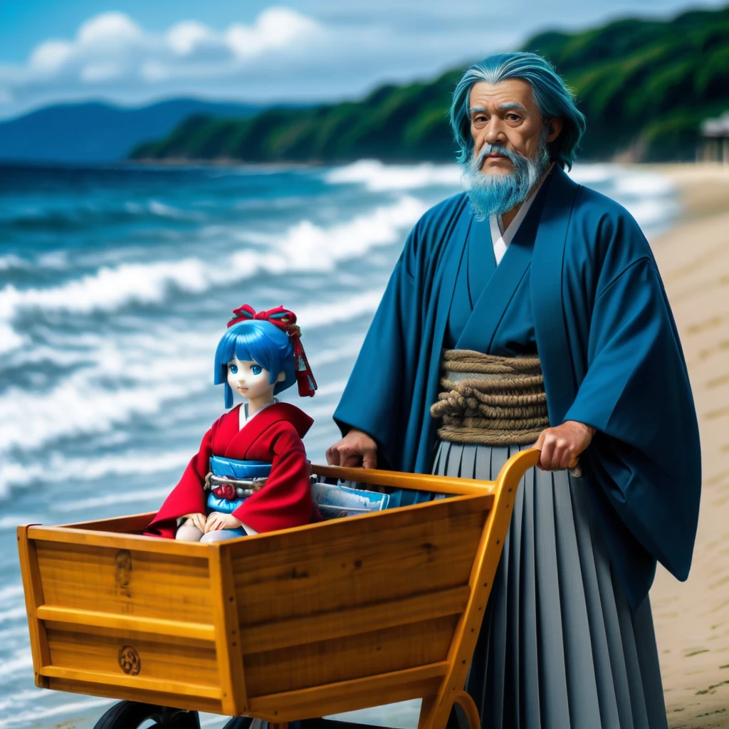 <lora:pushcart_v1:0.7>, 66 years beard old man, outdoors, sky, kimono, blurry, red bow, sash, obi, sandals, blue hair, doll, box, hakama skirt, doll, mustache, haori, hakama, samurai, black hakama, barrel, pushcart, wooden cart, sea, ocean, beach