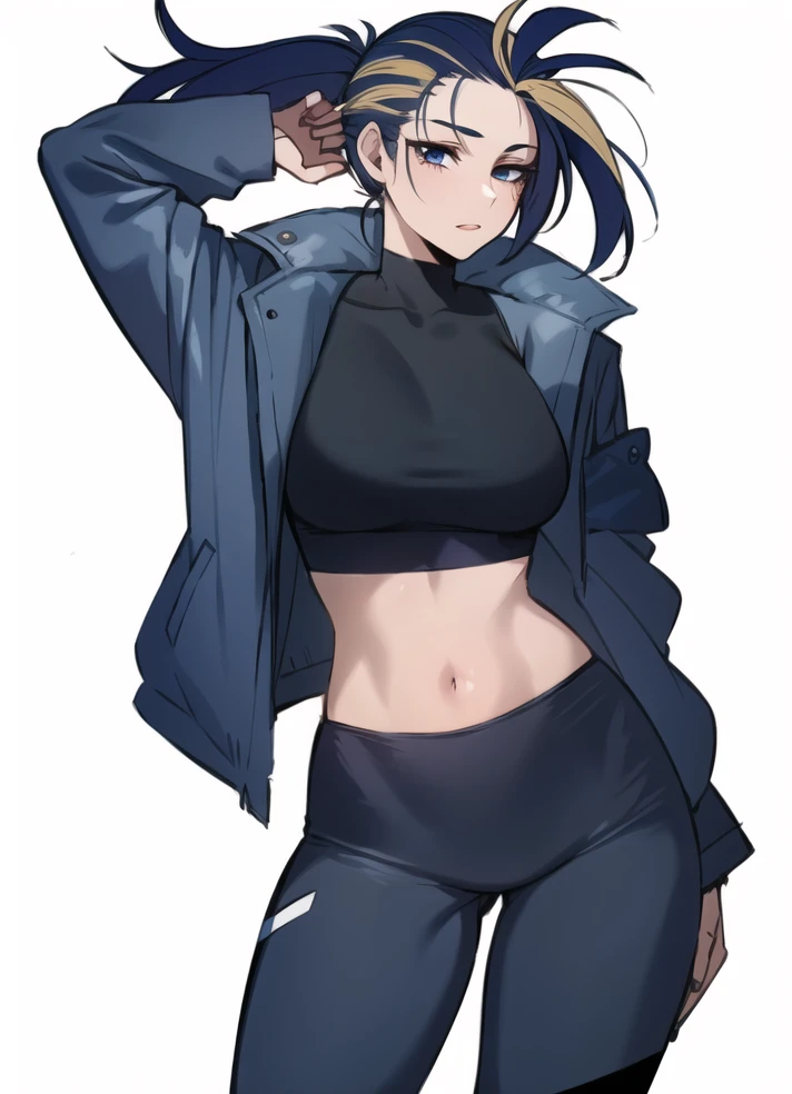 1girl, standing, solo, simple_background, fully clothed, jacket, yoga_pants, shirt,
<lora:homebrew_ratatatat_kdaakaliround2:0.8>,