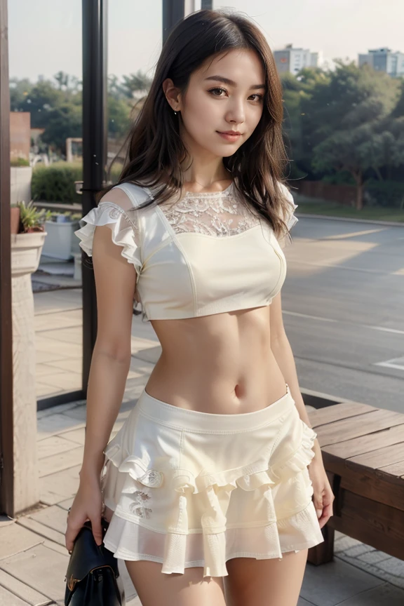 detailed, beautiful, cute, full body shot, scenic view, professional photo
<lora:Micro Crop & Skirt By Stable Yogi:0.8> yellow micro crop top, frills, lace, micro skirt