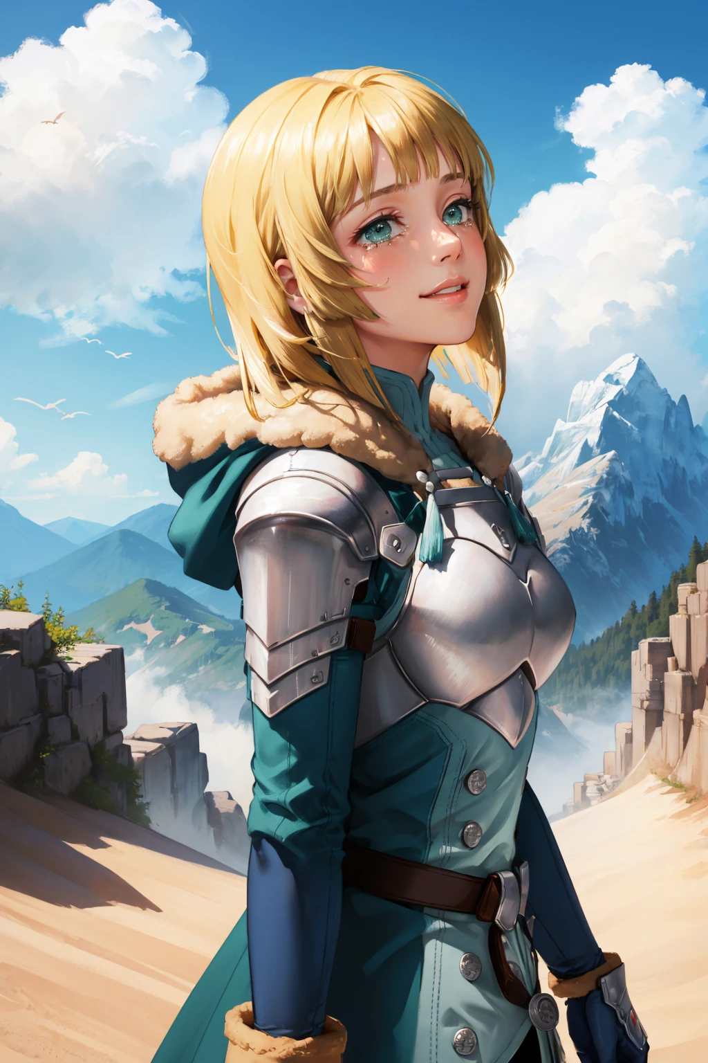 masterpiece, best quality, <lora:ingrid-nvwls-v2-000009:0.9> hopesingrid, medium hair, bob cut, bangs, shoulder armor, breastplate, green coat, fur trim, gauntlets, blue gloves, belt, upper body, mountains, sky, clouds, from side, looking up, smile, tears in eyes