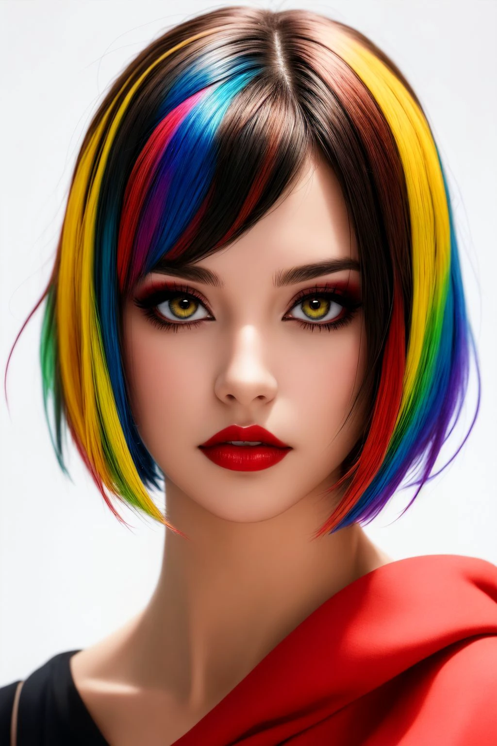 anime, 1girl, solo, upper body, looking at viewer, white background, bob cut, short hair, multicolored hair, makeup, parted lips, red lips, eyeliner