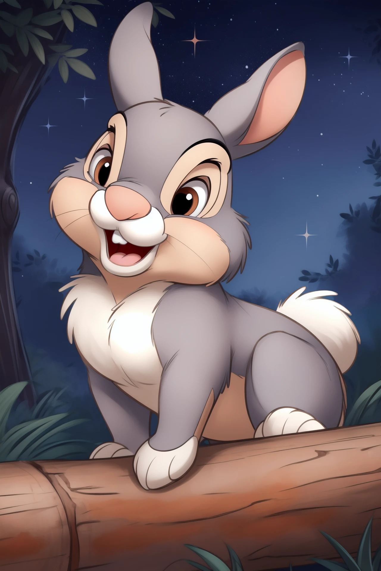 ((bright vibrant colors)), portrait, <lora:thumper_frv1:0.9>, (((thumper (disney)))), ((feral)), (male), solo, fluffy, detailed fur, (((grey fur))), hazel eyes, [1 buck tooth], mammal, bunny, ((small feral bunny body)), ((((looking cute)))), ((((happy expression)))), hi res, ultra realism shading, detailed eyes, ((peeking over log)),  by smitty g, by sfan, by the giant hamster, <lora:add_detail:0.5>, (looking at viewer), ((nature, forest, tree and starry filled background)),