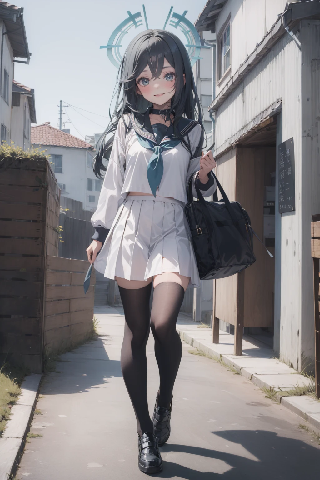 (masterpiece:1.3), (absurdres:1.3), (best quality:1.3), (ultra-detailed:1.3), 1girl, looking at viewer, smile, outdoors, full body, <lora:minoriid-11:1>, minoriid, halo, serafuku, school uniform, sailor collar,