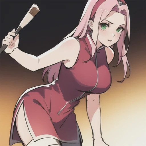 (masterpiece:1.2), best quality, masterpiece, highres, original, extremely detailed wallpaper, perfect lighting,(extremely detailed CG:1.2), drawing, paintbrush,1girl, ^^^, bandaged arm, bandaged leg, bandages, blush, dress, forehead protector, gradient, gradient background, green eyes, haruno sakura, leaning forward, long hair, looking at viewer, big breasts, parted lips, pink hair, sleeveless, sleeveless dress, sleeveless jacket, solo, standing,<lora:sakura:0.7>