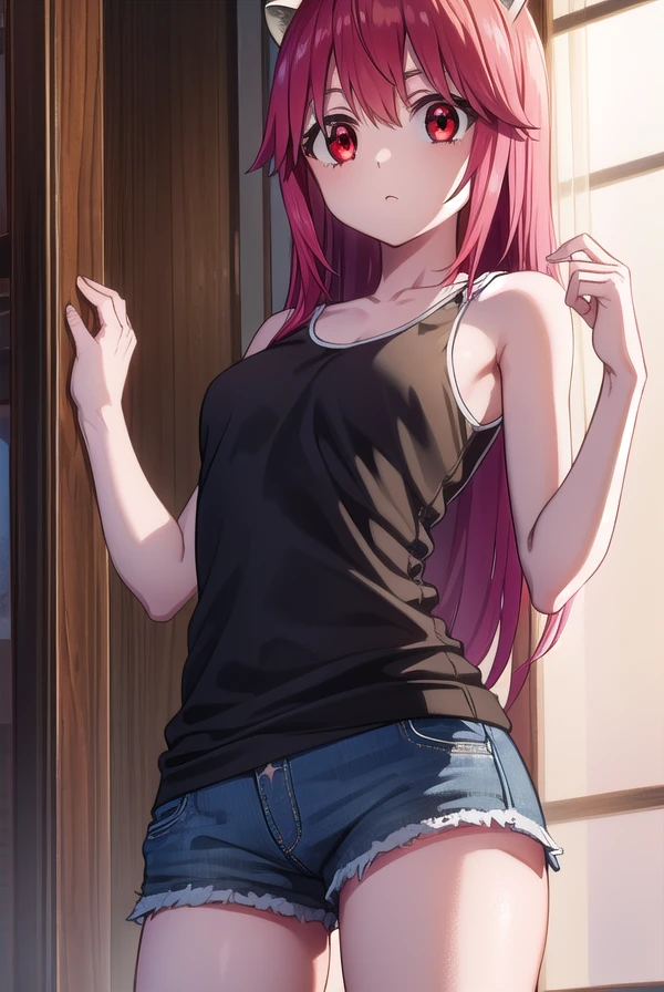 elfenliednyuu, <lora:elfen lied nyuu-lora-nochekaiser:1>,
nyuu, long hair, (red eyes:1.3), pink hair, horns, (small breasts:1.2),
BREAK shorts, tank top, green shorts,
BREAK indoors,
BREAK looking at viewer, (cowboy shot:1.5),
BREAK <lyco:GoodHands-beta2:1>, (masterpiece:1.2), best quality, high resolution, unity 8k wallpaper, (illustration:0.8), (beautiful detailed eyes:1.6), extremely detailed face, perfect lighting, extremely detailed CG, (perfect hands, perfect anatomy),
