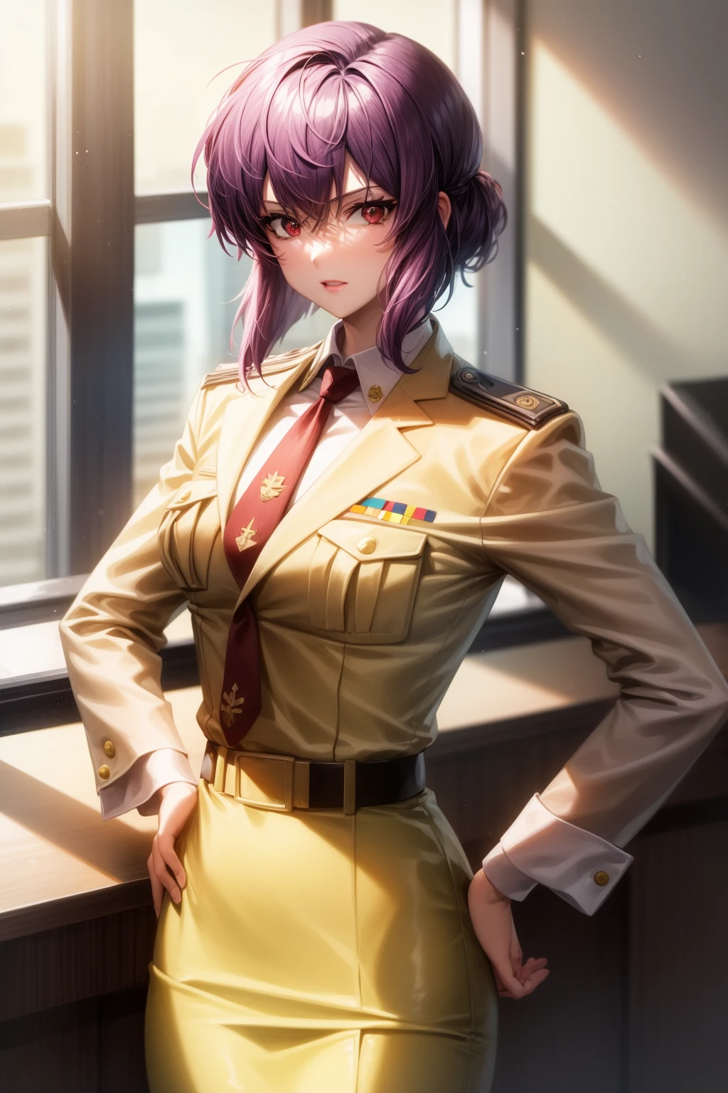 <lora:more_details:0.5>, <lora:motoko-alone-09:0.7> motokoalone, kusanagi motoko, short hair, purple hair, red eyes, lips, yellow uniform, military uniform,  pencil skirt, yellow skirt, belt, necktie, asymmetrical hair, long sleeves, hand on hip, looking at viewer, cowboy shot, indoors, office, 1girl, (masterpiece:1.3), high quality, highres, absurdres, solo