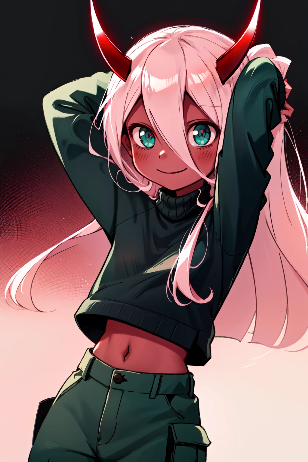 <lora:ZeroTwoOni2_0:0.9> Zero Two, 1girl, masterpiece, best quality, long hair, (red skin), red horns, pink hair, green eyes, colored sclera, black sweater, turtleneck sweater, black cargo pants, simple background, pink background, white background, two-tone background, arms behind head, looking away, smile