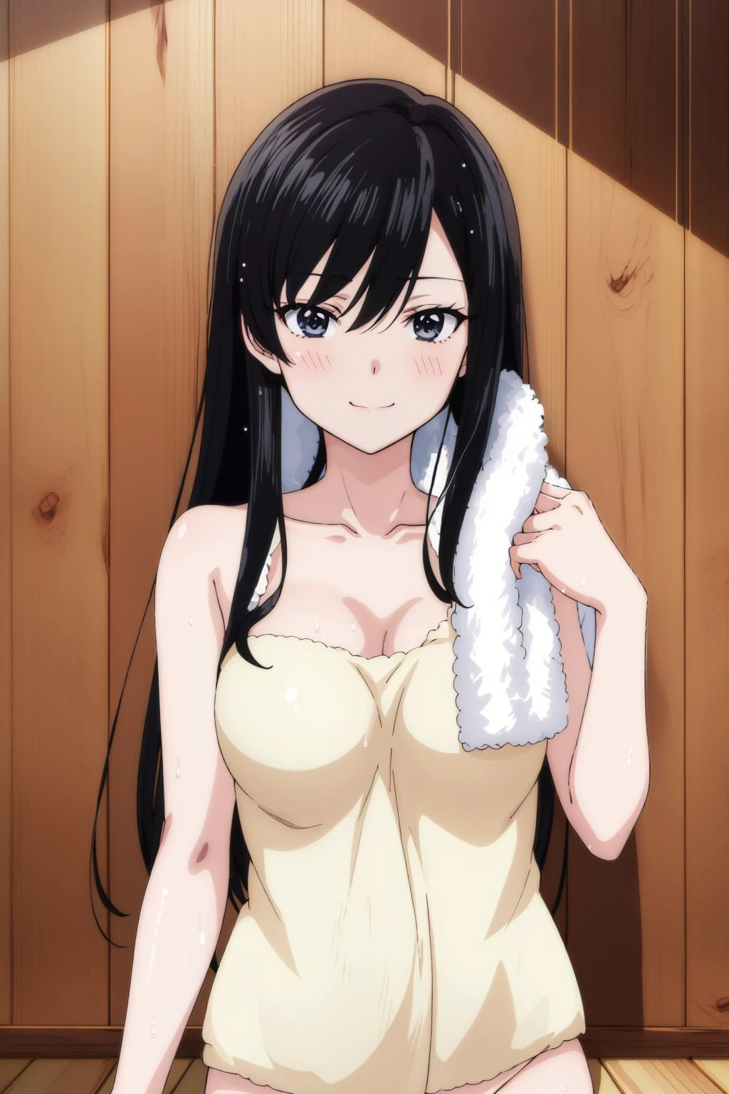 1girl, solo, reiko, black hair, long hair, hair between eyes, black eyes, medium breasts, nude, after bathing, wet hair, (towel around neck:1.35), white plain panties, looking at viewer, (blushing:1.2), smile. (indoors, hut, wooden wall, wooden floor:1.45), (masterpiece:1.4), (best quality:1.4), (absurdres:1.0), (intrincate), (full sharp), (extremely detailed:1.5), (exquisite details), (high definition), (anime, anime coloring:1.35),  <lora:Reiko (Super Cub)_001:0.7>