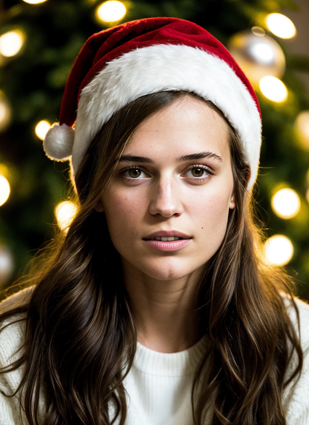 RAW photo of 20 years old aliciavikander-ti, natural lighting, 8k uhd, dslr, high quality, film grain, Fujifilm XT3, <lora:add_detail:0.7>, by Peter Lindbergh, christmas theme, young