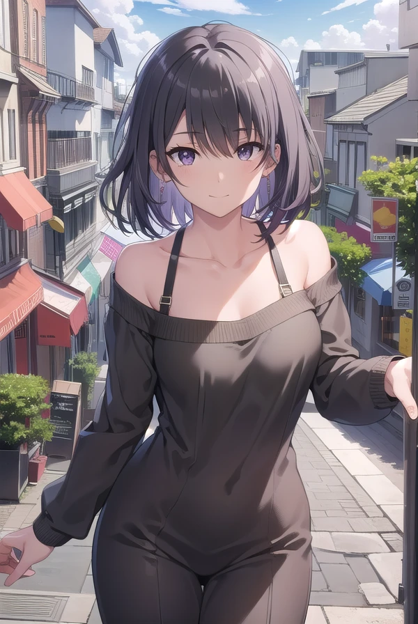 harunoyukinoshita, <lora:haruno yukinoshita-lora-nochekaiser:1>,
haruno yukinoshita, short hair, hair between eyes, (black eyes:1.5), black hair, gradient hair, two-tone hair, purple hair, smile,
BREAK sweater, off shoulder, bra strap, purple sweater, long sleeves, collarbone,
BREAK outdoors, city, sky, sun, people, crowd, buildings, clouds,
BREAK looking at viewer,
BREAK <lyco:GoodHands-beta2:1>, (masterpiece:1.2), best quality, high resolution, unity 8k wallpaper, (illustration:0.8), (beautiful detailed eyes:1.6), extremely detailed face, perfect lighting, extremely detailed CG, (perfect hands, perfect anatomy),
