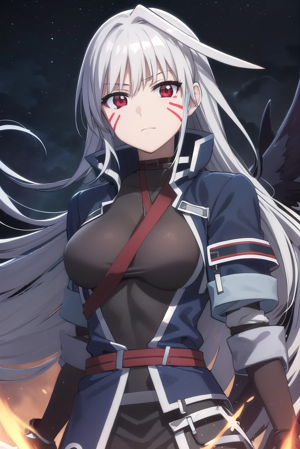 reinforcei, <lora:reinforce i movie2-lora-nochekaiser:1>,
reinforce i, (red eyes:1.3), grey hair, facial mark, long hair,
BREAK thighhighs, gloves, jacket, open clothes, wings, fingerless gloves, open jacket, magical girl, single thighhigh, asymmetrical legwear, black wings, uneven legwear, waist cape, multiple wings, leg belt,
BREAK outdoors, city, sky, night, starry sky, star \(sky\), moon,
BREAK looking at viewer, (cowboy shot:1.5),
BREAK <lyco:GoodHands-beta2:1>, (masterpiece:1.2), best quality, high resolution, unity 8k wallpaper, (illustration:0.8), (beautiful detailed eyes:1.6), extremely detailed face, perfect lighting, extremely detailed CG, (perfect hands, perfect anatomy),