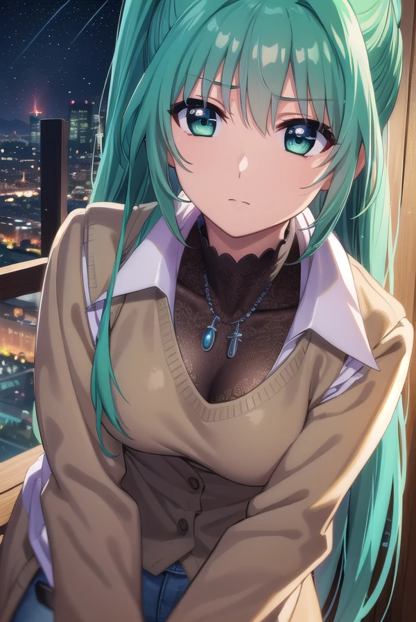 lindyharlaown, <lora:lindy harlaown movie2-lora-nochekaiser:1>,
lindy harlaown, long hair, very long hair, (green eyes:1.3), ponytail, green hair, facial mark, forehead mark,
BREAK jewelry, pantyhose, vest,
BREAK outdoors, city, night, starry sky,
BREAK looking at viewer, (cowboy shot:1.5),
BREAK <lyco:GoodHands-beta2:1>, (masterpiece:1.2), best quality, high resolution, unity 8k wallpaper, (illustration:0.8), (beautiful detailed eyes:1.6), extremely detailed face, perfect lighting, extremely detailed CG, (perfect hands, perfect anatomy),