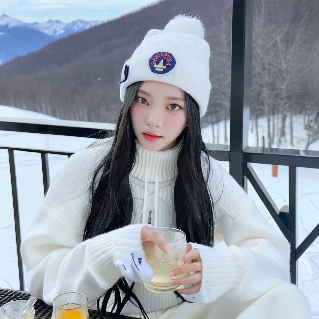 (yujimin:1.2), photo of a young woman with long black hair, a few freckles, wearing a white ski suit and a bobble hat, sits on a terrace in the mountains with a glass of punch in her hand, <lora:yujimin_v10:0.8>, <lora:add-detail-xl:4>