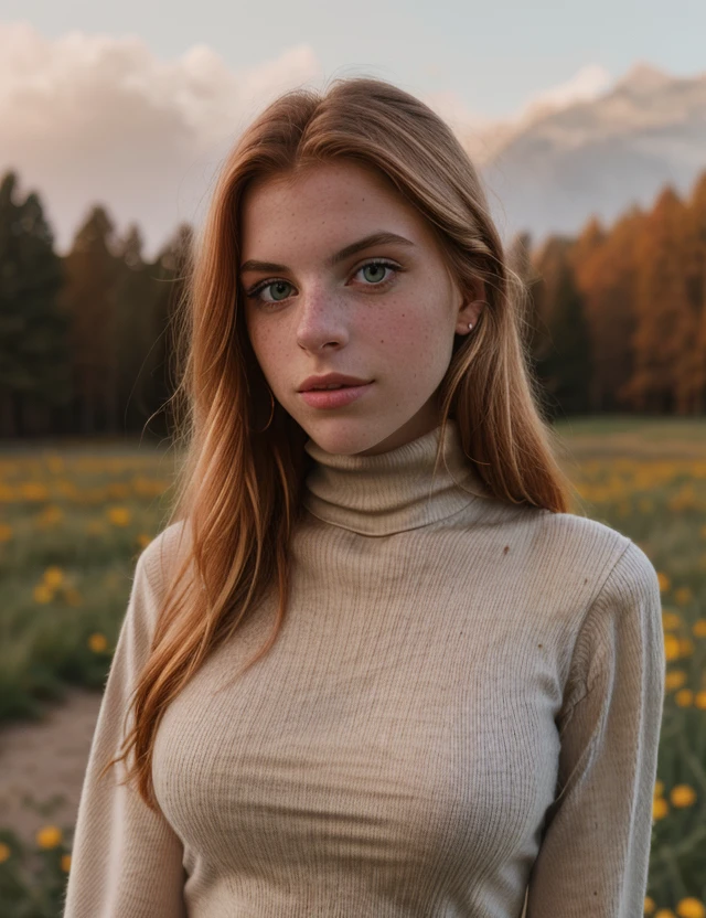 photo of (l9cillm4) girl, RAW, nature, Spectacular light, intricate color Turtleneck, (Colorful flowering), 8k, soft lighting, high quality, film grain, Olympus OM1 sharp focus, f 3.4, ((detailed eyes)), (seductive pose), upper body, breast