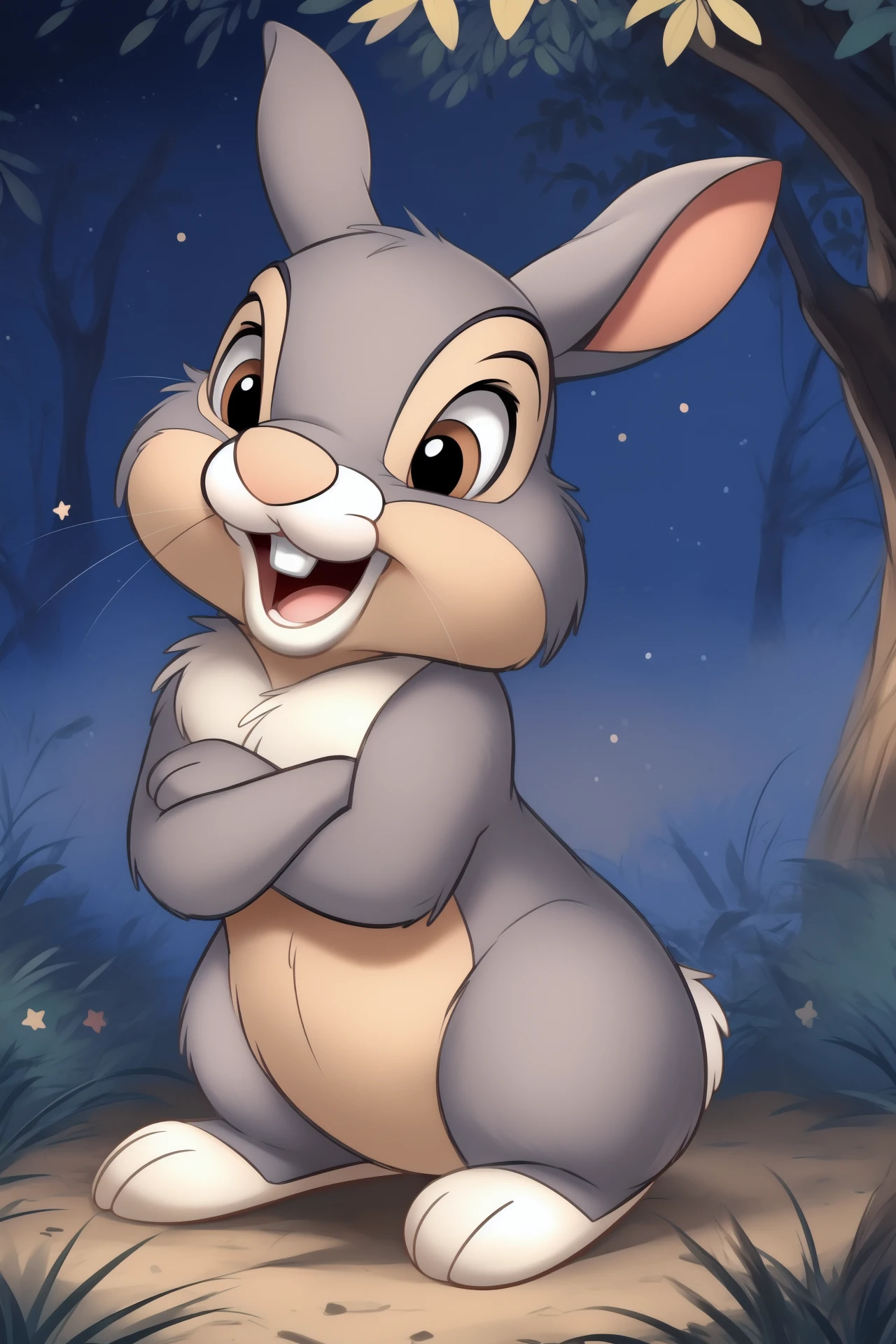 ((bright vibrant colors)), portrait, <lora:thumper_frv1:0.9>, (((thumper (disney)))), ((feral)), (male), solo, fluffy, detailed fur, (((grey fur))), hazel eyes, 1 buck tooth, mammal, bunny, ((small feral bunny body)), ((((looking cute)))), ((((happy expression)))), ((open mouth)), hi res, ultra realism shading, detailed white eyes, ((standing, arms crossed, turned to side)), by smitty g, by sfan, by the giant hamster, <lora:add_detail:0.5>, (looking at viewer), ((nature, forest, tree and star filled background)),