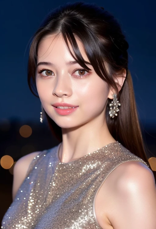 1girl,(wearing a glittery evening dress:1.2),(RAW photo, best quality), (realistic, photo-realistic:1.4), masterpiece, an extremely delicate and beautiful, extremely detailed, 2k wallpaper, Amazing, finely detail, extremely detailed CG unity 8k wallpaper, ultra-detailed, highres, soft light, beautiful detailed girl, extremely detailed eyes and face, beautiful detailed nose, beautiful detailed eyes,cinematic lighting,city lights at night,perfect anatomy,slender body, <lora:sakuradahiyori_lora:0.8>,smile
