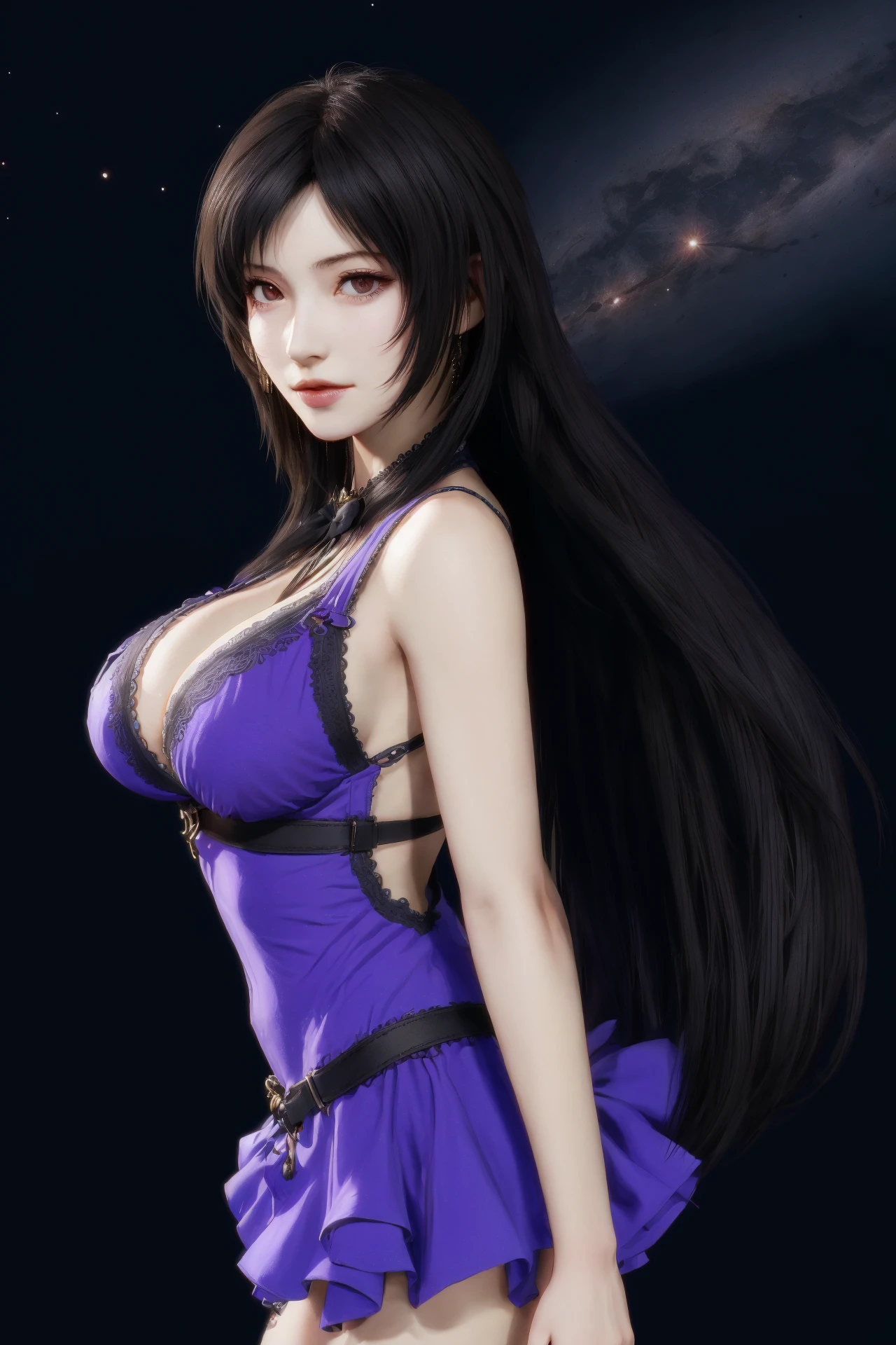 the milky way,1girl,solo,tifa lockhart,long hair,cleavage,large breasts,purple dress,black hair,<lora:好åç±³-tifa-v2:0.6>,