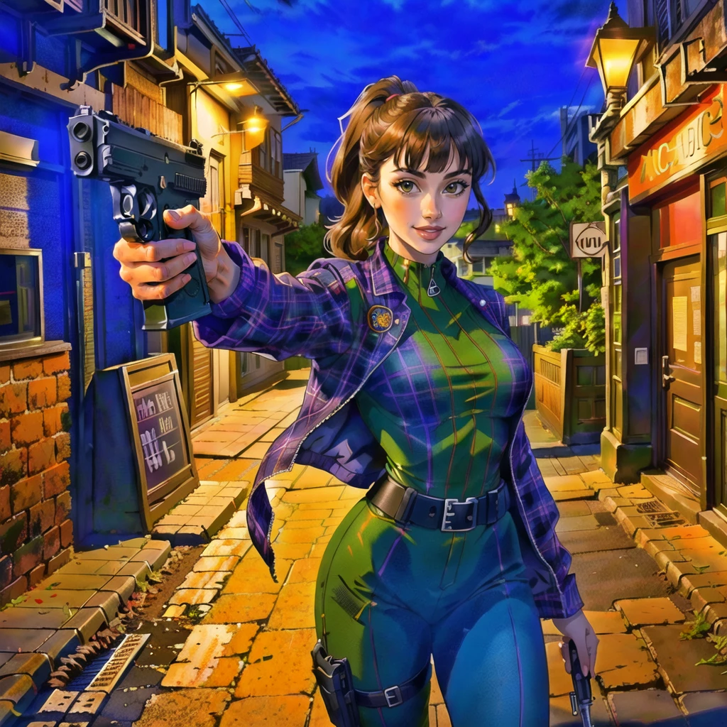 StacyHiggins, ponytail, bangs, aiming a Glock pistol at viewer, (ultra detailed Glock 17 pistol) , (finger on the trigger) mcdofgg plaid catsuit, big breasts, (cropped orange jacket over plaid catsuit), cartridge belt, 2 holsters on hips, hand on pistol grip, modern city, skyscrapers, dark deserted alleyway, overhead streetlight, stark lighting, twilight, metal glints, smile, perspective, foreshortening, depth of field <lora:mcdofgg_v1:1>