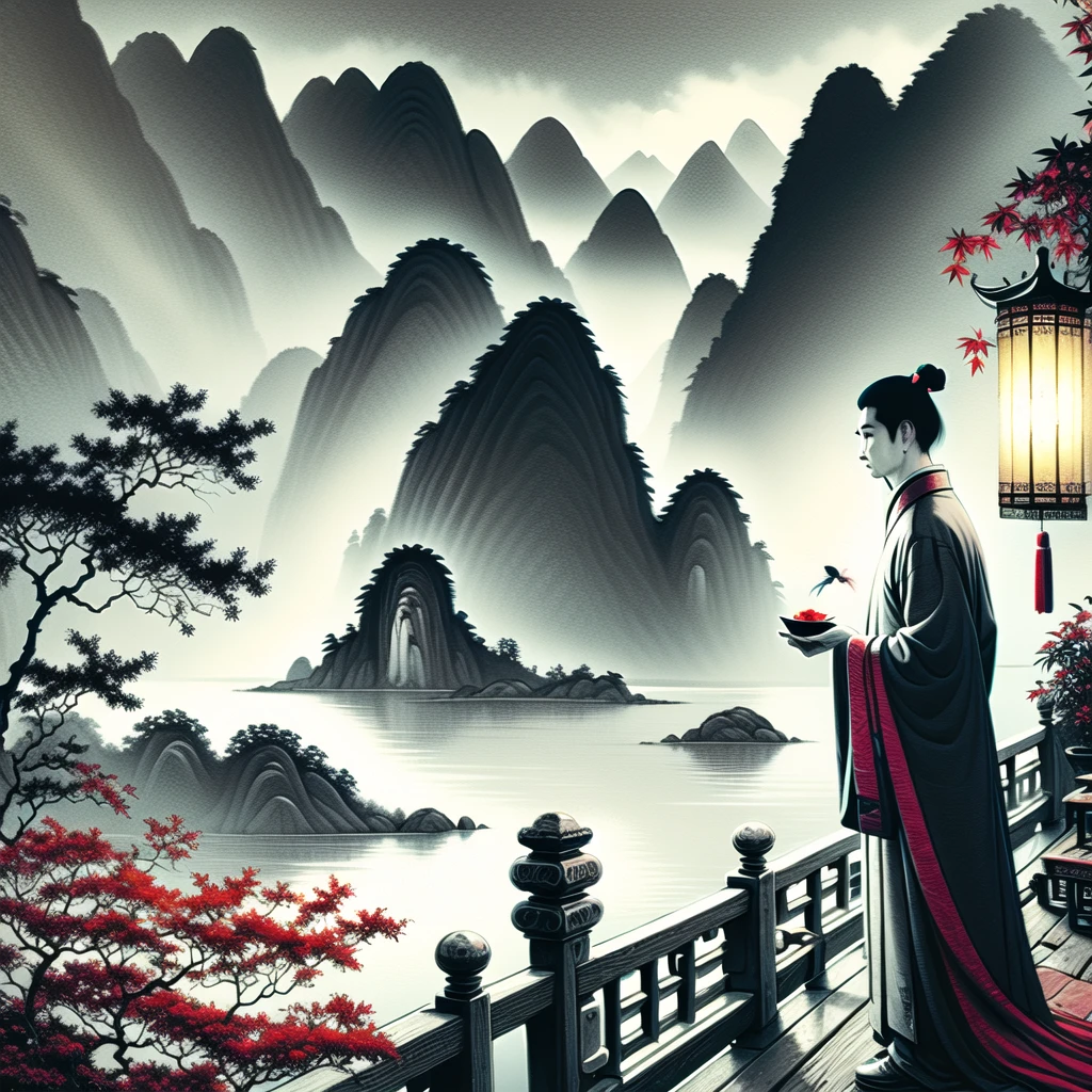 best quality,masterpiece,ancient china, gudai, solo, black_hair, long_sleeves, 1boy, holding, standing, male_focus, outdoors, chinese_clothes, sky, day, cloud, chinese_clothes, water, hair_bun, tree, bird, leaf, single_hair_bun, nature, scenery, lantern, mountain, autumn_leaves, maple_leaf, fog, holding_lantern<lora:wuyichengxian:1>,