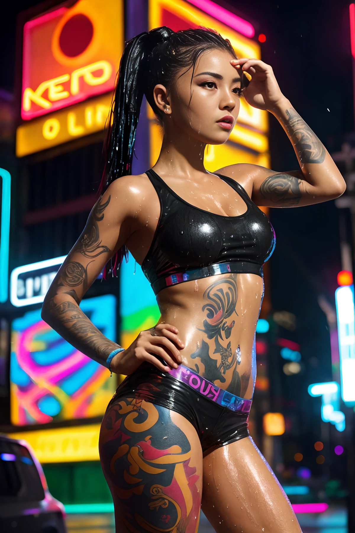 masterpiece, concept art, centered, wide shot, front view, 1girl, wet, (rain, night), body tattoov<lora:badbroirezumi3:0.5>, multicolored ponytail hair, tank top, cute, stylish, sexy pose, graffiti wall background, city landscape, (epic composition, epic proportion), contrast, vibrant color, volumetric lighting, HD, <lora:bio-luminescent flora_LyCORIS:1>, RAW candid cinema, 16mm, color graded portra 400 film, remarkable color, ultra realistic, textured skin, remarkable detailed pupils, realistic dull skin noise, visible skin detail, skin fuzz, dry skin, shot with cinematic camera