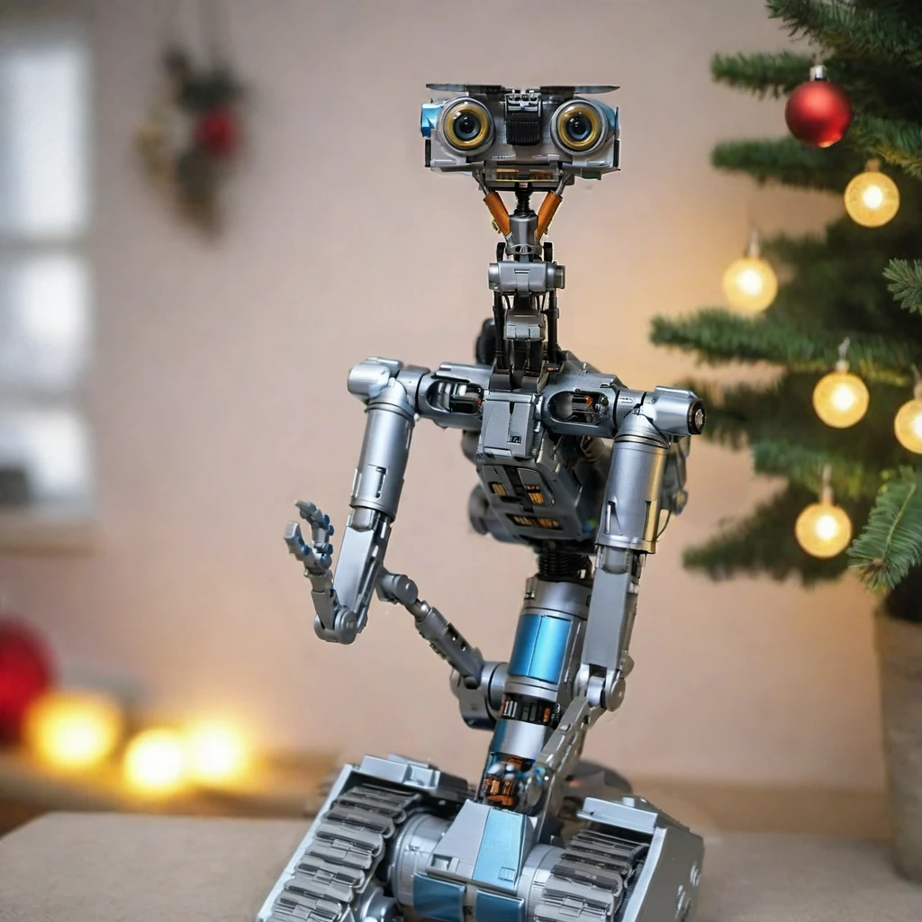 Johnny5-1024, a robot, livingroom, fire place, christmas tree, gifts, detailed eyes, highly detailed, photography, ultra sharp, film, bokeh, professional, 4k <lora:Johnny5-1024:0.8> <lora:add-detail-xl:2>