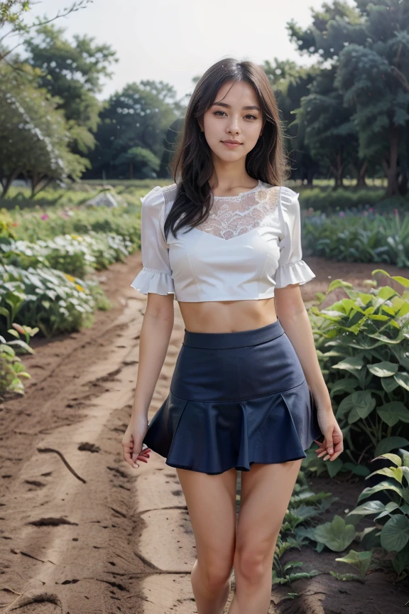 detailed, beautiful, cute, full body shot, scenic view, professional photo
<lora:Micro Crop & Skirt By Stable Yogi:0.8> indigo micro crop top, frills, lace, micro skirt