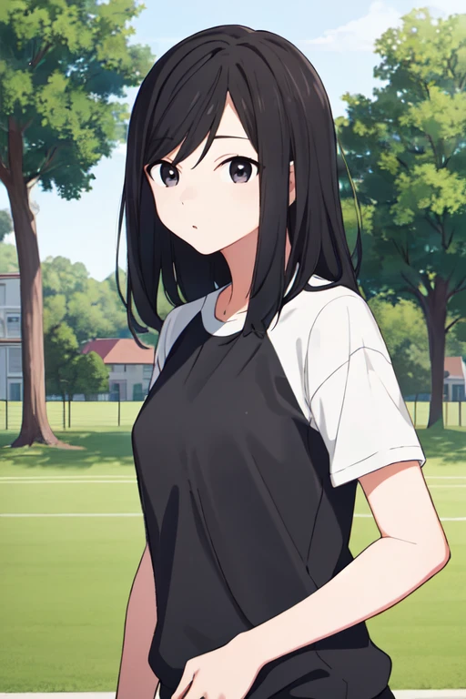 masterpiece, highres, 1girl,  <lora:MaiToganoR4:0.7>, MaiToganoR4, black hair, black eyes, upper body, sport clothes, park,