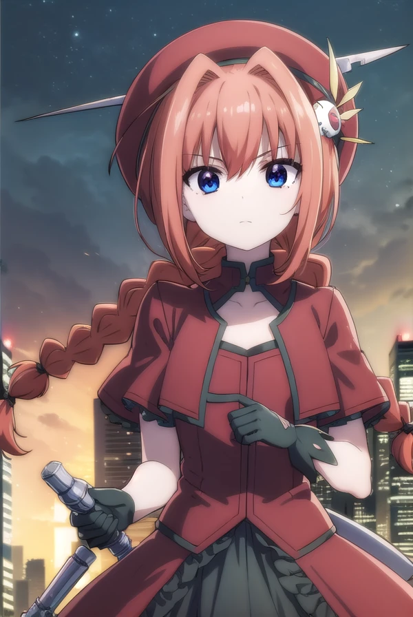 magicalgirlvita, <lora:vita movie2-lora-nochekaiser:1>,
vita, blue eyes, braid, ahoge, red hair, twin braids, rabbit hair ornament,
BREAK gloves, hat, dress, weapon, open clothes, open jacket, magical girl, red dress, cropped jacket, hammer,
BREAK outdoors, city, sky, night, starry sky, star \(sky\), moon,
BREAK looking at viewer, (cowboy shot:1.5),
BREAK <lyco:GoodHands-beta2:1>, (masterpiece:1.2), best quality, high resolution, unity 8k wallpaper, (illustration:0.8), (beautiful detailed eyes:1.6), extremely detailed face, perfect lighting, extremely detailed CG, (perfect hands, perfect anatomy),