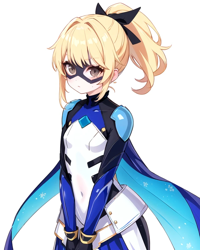 woman, blonde, ponytail, blue and white and gold costume armor, (blue DominoMask:1.3), brown eyes, small breasts, detailed eyes, white backdrop, <lora:SN DominoMask:1>