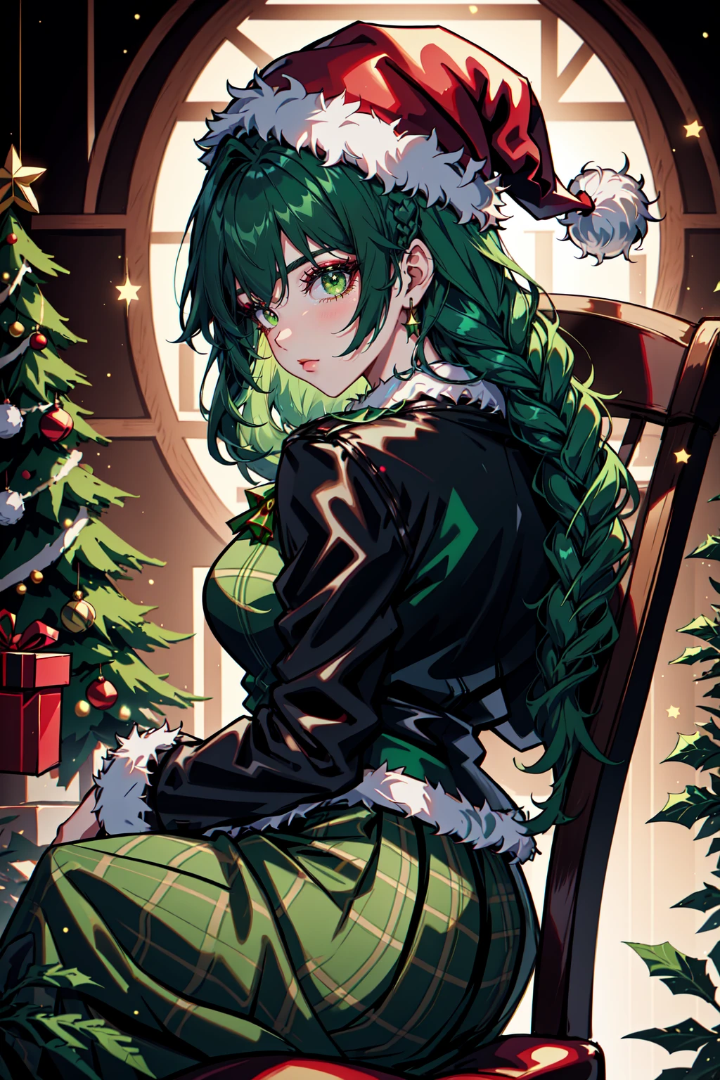 Mrs Claus, skindentation, gossamer, Woman in a green victorian costume, leather jacket, retro theme, braids, makeup, eyeliner, santa hat, plaid green full skirt, christmas theme, inked lines, best illustration, officical art, green, trees, chair, sitting, teamgreenstyle, dynamic angle, semi realistic, 2.5d, side lighting, LUT movie style, back lighting, magic, Rembrandt lighting, Santa Overlords Style, holidayxl style , <lora:TeamGreenStyle:0.5>, <lora:SantaOverlordsStyle:0.3>, <lora:HolidayIdidalittlebit:0.25>