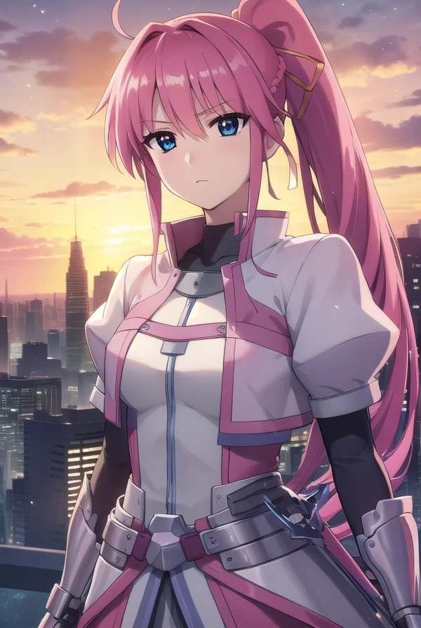 signum, <lora:signum movie2-lora-nochekaiser:1>,
signum, long hair, blue eyes, hair ribbon, ponytail, pink hair,
BREAK gloves, jacket, weapon, open clothes, sword, open jacket, magical girl, gauntlets, cropped jacket, waist cape, puffy sleeves,
BREAK outdoors, city, sky, night, starry sky, star \(sky\), moon,
BREAK looking at viewer, (cowboy shot:1.5),
BREAK <lyco:GoodHands-beta2:1>, (masterpiece:1.2), best quality, high resolution, unity 8k wallpaper, (illustration:0.8), (beautiful detailed eyes:1.6), extremely detailed face, perfect lighting, extremely detailed CG, (perfect hands, perfect anatomy),
