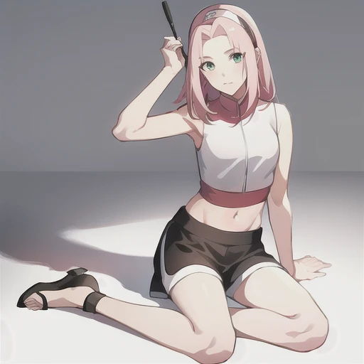 (masterpiece:1.2), best quality, masterpiece, highres, original, extremely detailed wallpaper, perfect lighting,(extremely detailed CG:1.2), drawing, paintbrush,1boy, bandaged arm, bandaged hand, bandaged leg, bandages, full body, haruno sakura, leg wrap, male focus, navel, pink hair, sandals, shoes, shorts, simple background, solo, white background,<lora:sakura:0.7>