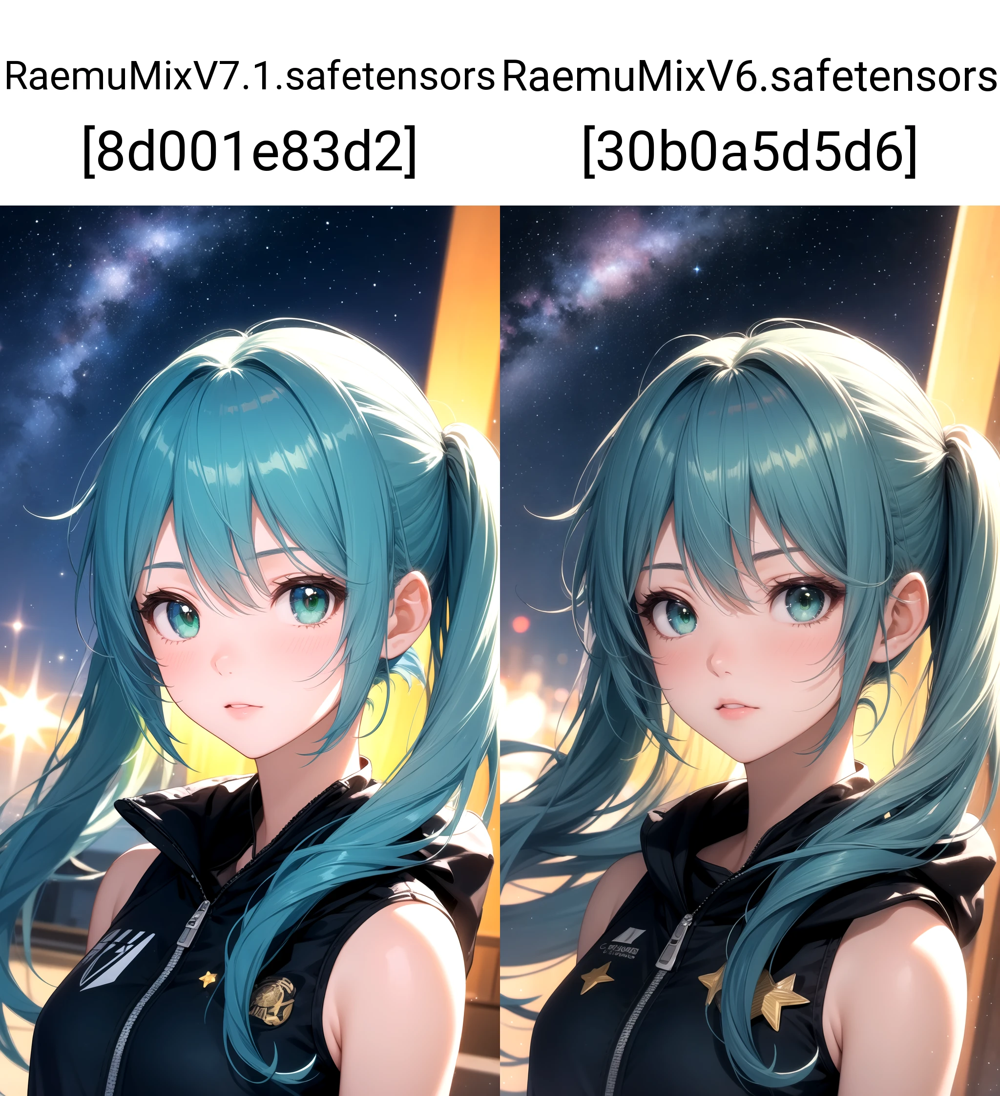 (masterpiece, best quality), 1girl, blue hair, green eyes, twintails, cosmic, starry sky, night, scenery, light particle, messy hair,