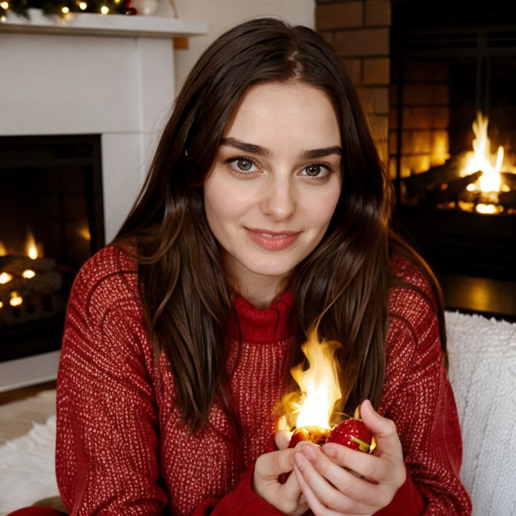 <lora:loserfruit_sd15_512_128_64_v1:1> losefruit, 1girl, wearing a sweater, christmas decoration cozy fireplace in background,